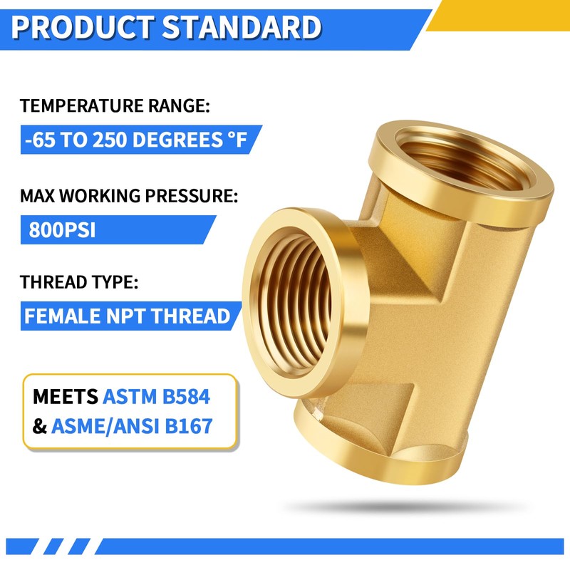 FANOVO 1/2 inch Forged Brass Tee Pipe Fitting, 2Pack 1/2''