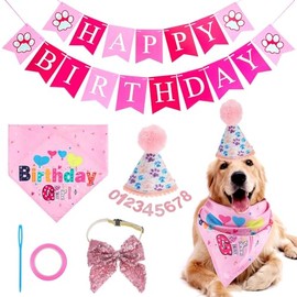 Chiffonade Dog Birthday Decor Sets, Happy Birthday Decoration with Hat Bandana Banner Bow Set, Puppy Cat Rabbit Boys Girls Party Supplies (Pink)