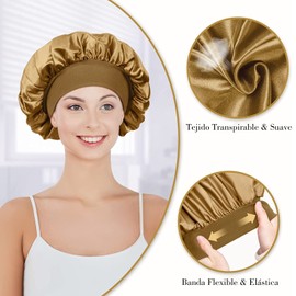 DASKING 2 Piezas Gorro Saten Pelo Rizado Ajustable Gorro Pelo Rizado Dormir Gorros de Satén para Pelo Rizado con Banda Ancha Elástica para Mujeres y Niñas (Negro, Oro)