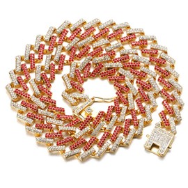 Halukakah Diamond Cuban Link Gold Chain for Men Iced Out,13MM FUJI 18k Real Gold Plated Choker Necklace 16",Multicolor Red White Diamonds Prong Set,Gift for Him