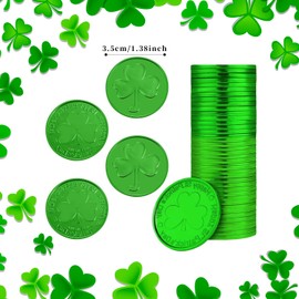 Lezevn 48pcs St. Patrick's Day Coins Green Plastic Shamrock Tokens Lucky Leprechaun Coins for Irish Party Supplies St. Patrick's Day Decor