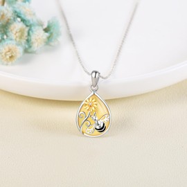 CUPENDA Bee Necklace 925 Sterling Silver Bee Amber Pendant Necklace Amber Bee Jewelry Bee Gifts for Women