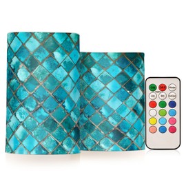 ALAZA Teal Turquoise Blue Flickering Flameless Candles Battery Operated with Remote Timer,Tea Light Candles LED Pillar Votive Candles Set of 2 for Outdoor Indoor Decorations