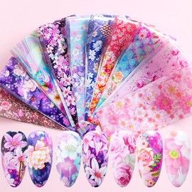 Flowers Nail Art Foil Transfer Stickers Colorful Nail Art Stickers Foil Transfers Decals Holographic Rose Floral Starry Sky Foil Design for Nails Supplies Women Manicure Tips Set Decorations 10Sheets