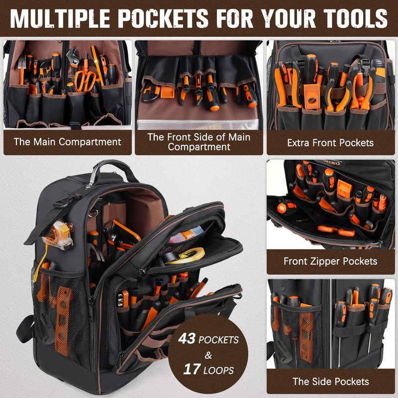 Rolling Tool Backpack Heavy Duty, 43 Pockets Tool Backpack with