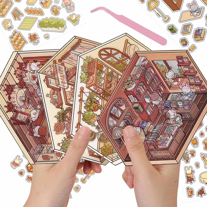 4 Pcs 3D House Sticker Paper Miniature Model Paper Dollhouse