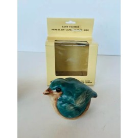 Chickadee Figurine Porcelain Bird vtg Hand Painted Lapel MIC 1970s box NIB blue