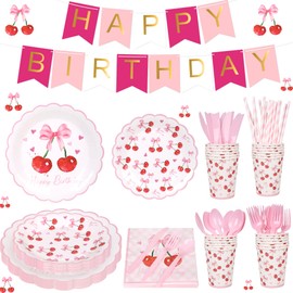 DANGCOS 193PCS Pink Cherry Birthday Decorations Supplies with Banner Plates,Napkins,Cups for 24 Guests Cherry Themed Party Tableware Set