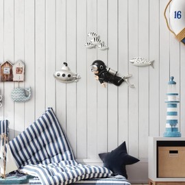 4pcs Beach Wall Decor, Fish Wall Decor 3D Submarine and Fish Wall Sculptures, Ocean Decor Coastal Themed Wall Art for Bathroom Kids Room Boys Room Bedroom, Beach Theme Decorations for Home