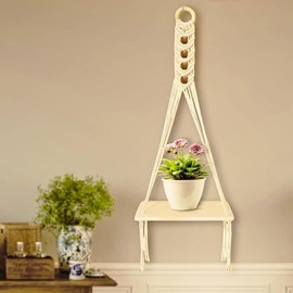 Hastvikas Macrame Wall Hanging Shelf | Handwoven Cotton Floating Wooden Shelf for Living Room, Bedroom, Kitchen Décor | Made in Uttar Pradesh, India I Boho Farmhouse Organizer (Off White)