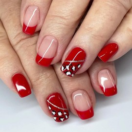 LBPEPAMZ 24Pcs Valentine's Day Press on Nails Medium Square with Heart Silver Line Designs Red French Tips Full Cover Acrylic Nails False Nails Romantic Pink Nude Glossy Stick on Nails for Women Girls