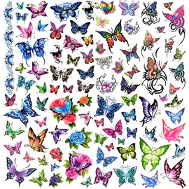 Oottati 8 Sheets Old fashion Fake Waterproof Temporary Tattoo Colorful Green Blue Red Butterflies