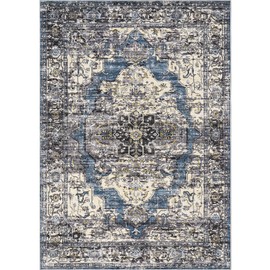 befbee 8x10 Area Rugs for Living Room, Stain Resistant Neutral Washable Rugs for Dining Room, Floral Vintage Non-Slip Thin Large Size Area Rug (Blue/Black)