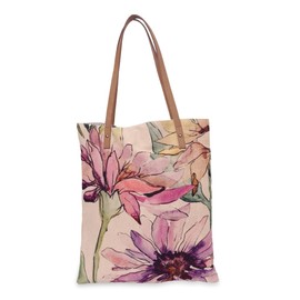 COTT N CURLS Wild Aster Book Tote - 16" x 15" Canvas Bags with Zipper, Handcrafted Tote Bag with Compartments, Durable Work Tote Beach Bag with Digitally Printed Designs and Leather Handles