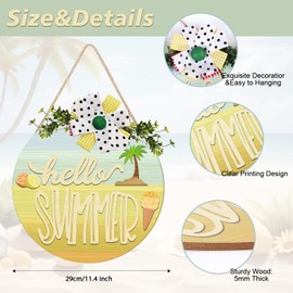 HPNIUB Hello Summer Wooden Hanging Wall Art, Summer Welcome Front Door Sign with Bow, Rustic Gradient Color Wood Sign Door Hanger for Holiday Farmhouse Home Beach Shop Window
