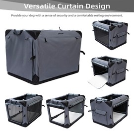 Pettycare 26 Inch Collapsible Dog Crate with Curtains, Travel Dog Crate for Airflow and Calm, Soft Pet Dog Kennel with Portable Bag and More Chew Proof Mesh, Indoor & Outdoor, Grey+4 Door Curtains