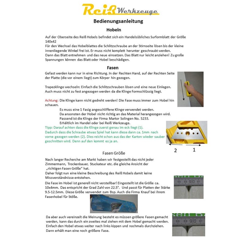Reiß Drywall Edge Plane, Chamfer Plane, Plasterboard Plane and Small
