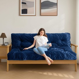 MAXYOYO 6" Futon Mattress Full Size, Velvet Thick Futons Sofa Couch Bed, Versatile Floor Mattress for Adults, Shredded Foam Filling (Frame Not Included), Navy