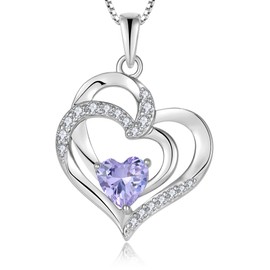 Guesma Alexandrite Double Heart Pendant Necklace for Women - Solid Sterling Silver 18K White Gold Plated Created Birthstone Anniversary Jewelry