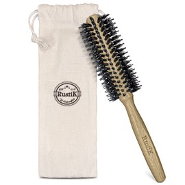 Round Hair Brush and Cotton Travel Bag by RustiK, Stiff Nylon and Boar Bristles, Eco Friendly, Curl Enhancing, Blow Drying, Styling, Adding Volume/Shine. Woodcrafted For Men and Women.
