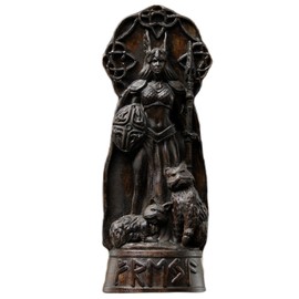 Freya Statue, Norse Pagan Decor, Goddess Statue Altar,Freya cats， Freyja Wood Sculpture Art, Altar Crafts, Creative Desktop Decorations (Black)