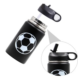 FMYWZS Baseball Softball Water Bottle, Wide Mouth Travel Sports Flask with 2 Lids（Straw Lid+Flex Cap）BPA Free 18/8 Stainless Steel Double Wall Vacuum Insulated Water Bottles (12oz, Soccer)