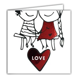 22117 Love Heart Card Glossy Red with Envelope 15 x 15 cm for Lovers Standing on a Bench - I Love You or Congratulations - 2 Pack - Engagement Wedding