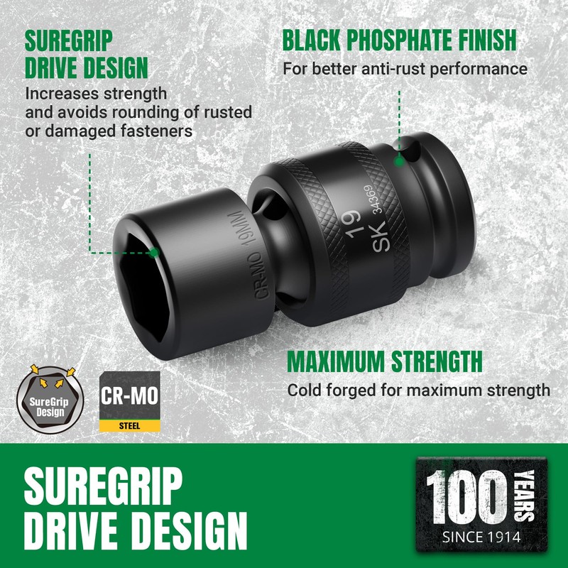 SK 1/2" Drive Universal Swivel Impact Socket Set, Metric Socket