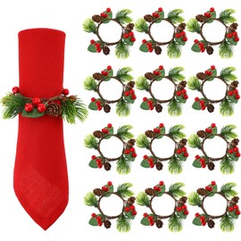 WILLBOND Christmas Napkin Rings Set of 12 Christmas Berry Napkin Ring Holders Pine Cones Pine Needles Napkin Rings for Christmas Holiday Dinner Table Decorations