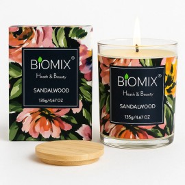 Biomix Health & Beauty Vela de cera de Soya y Aceite Esencial de Sándalo para masajes aromaterapia 100% Vegana Natural 132 g con Caja de Lujo Cristal y tapa de Bamboo