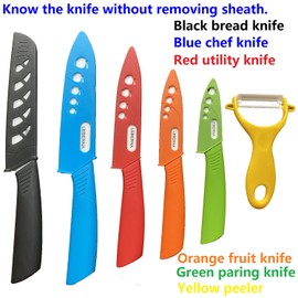 Ceramic Knife Set Knives Set for Kitchen Ceramic Kitchen Knives Colored w Sheath 6" Bread Knife 6" Chef Knife 5" Utility Knife 4" Fruit Knife 3" Paring Knife 1 Peeler Colorful Rust Free Proof