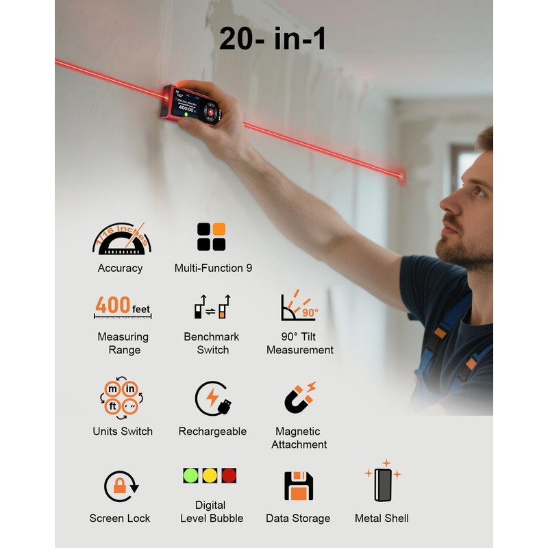 WELLRAY Dual Laser Measuring Tool Aluminum Shell Bi-Directional 400 Ft-in