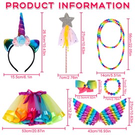 7 Pieces Rainbow Unicorn Costume Children, Princess Dress for Children, Wand Bow Hair Clip, Unicorn Cosplay Set, The Unicorn Party Dress is Suitable for Girls Aged 3-8 Years