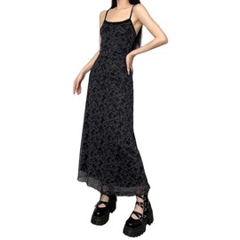 Women Vintage Floral Print Spaghetti Strap Maxi Dress Dark Gothic Sheer Mesh Sleeveless Bodycon Dresses for Party Club