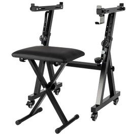 GCCSJ Piano Keyboard Stand and Bench Set - Heavy Duty Adjustable Z-Style Stand with Padded Seat, Portable Keyboard Stand for 61/76/88 Keys, Sturdy Steel Frame & Wheels for Home/Studio