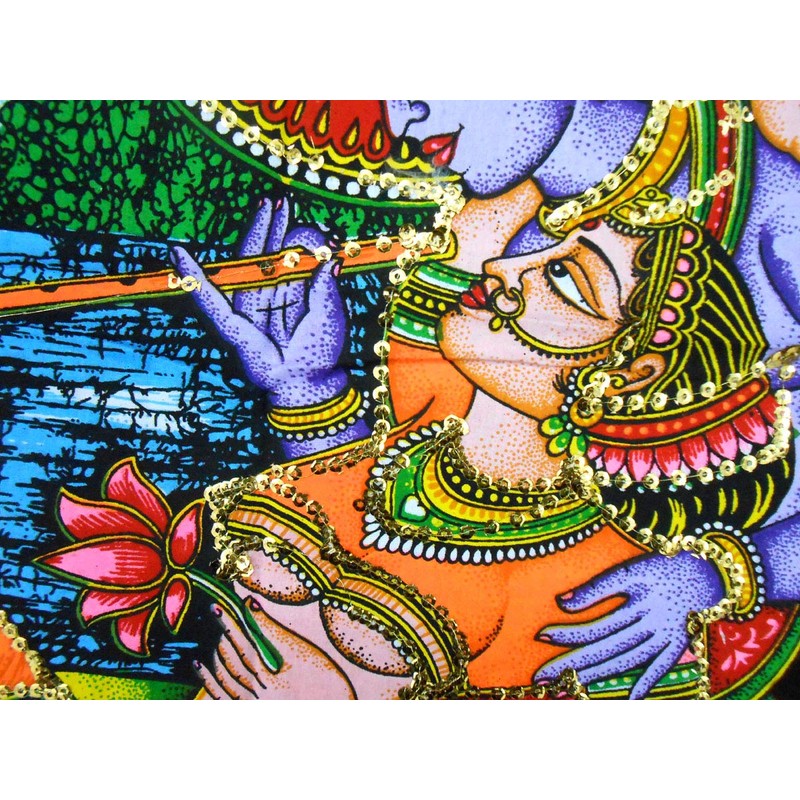 Divine Lovers Radha Krishna Hindu God sequin Batik Cotton Wall