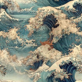 Vintage Ocean Wave Wallpaper, Japanese Art Inspired Seascape Wallpaper