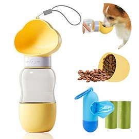 Botella de agua para perro, práctico dispensador de agua para perros, tazón de agua a prueba de fugas, botella de agua para mascotas con contenedor de comida para perros, bolsas de caca para perros con dispensador para caminar, senderismo y viajes. (Amarillo)