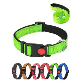 Aeclleca Reflective Dog Collar and Leash Set with Safety Locking Buckle，Adjustable Soft Nylon Pet Collars for Small Medium Dogs (Green, L)