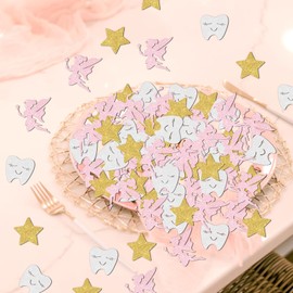 200Pcs Tooth Fairy Glitter Confetti Tooth Birthday Party Baby Shower Decorations Pink Fairy Table Gold Star Decor for Girls Dental Themed Birthday Baby Shower Party Supplies
