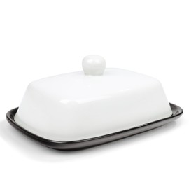fanquare Classic Porcelain Butter Dish with Lid, Black and White Butter Keeper with Raised Leg, Dishwasher Safe Ceramic Butter Holder