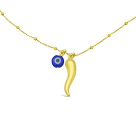 FRONAY Italian Vermeil Horn Necklace and Evil Eye Charm - 14k Gold Plated Sterling Silver Cornicello Good Luck Pendant