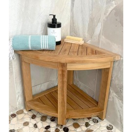 Solange & Frances Corner Teak Shower Bench Fully Assembled, Bathroom Decor Spa Bench, Multipurpose Shower Chair for Inside Shower, Corner Bench Shower Shelf, Modern Farmhouse Decor (1, Corner)