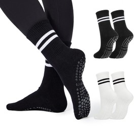 Pilates Socks with Grips Non Slip Yoga Sock for Women Womens Barre Dance Gripper Skid Slipper Socks 2 Pack Black&White One Size