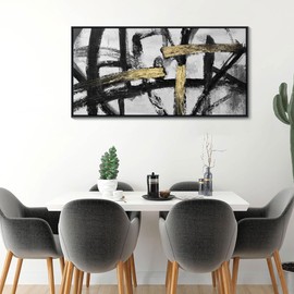 CHATYOUNG Wall Art Modern Abstract Paintings - Large Golden Thread Canvas Prints Black White and Gold Interweaving Wall Pictures Prefer for Bedroom Living Room Office Decor,Framed, 24 x 48 In