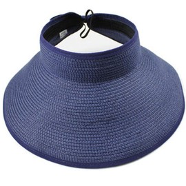 Beach Hats for Women Packable, Folding Straw Sun Hat with Wide Brim and Ponytail for UV Protection and Summer Travel SM01, Navy Blue, One Size