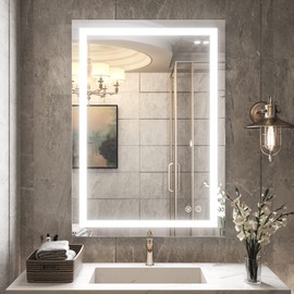 TETOTE 20 x 28 LED Bathroom Wall Mirror Fashion Lighted Bathroom Vanity Mirror Memory Dimmable Touch Switch Control, Tempered Glass
