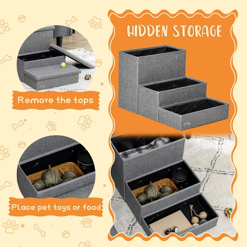 3-Steps Pet Stairs with Storage - Gray
