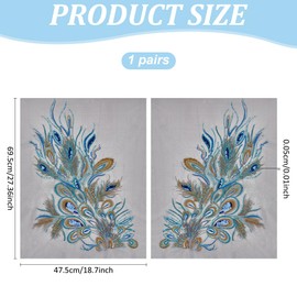 MAYJOYDIY 1 Pair Peacock Feather Embroidery Applique, Blue Feather Tail Sewing Patches,for Clothing Accessories, Cheongsam Wedding Gown Dress Bridal DIY Crafts (27.3×18.7 inches)