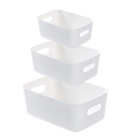Aufbewahrungsbox aus Kunststoff, 3 Pcs Organizer mit Griffen Weiß, Aufbewahrungskorb Plastik, Aufbewahrungskiste mit Henkel, Rechteckiger Aufbewahrungskorb für Küchen, Badezimmer, Kosmetik(3 Größe)
